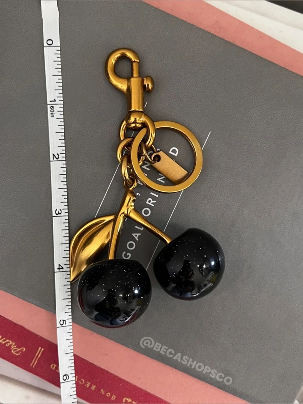 New Black Cherry Bag Charm Keychain Glitter Resin and Brass Metal